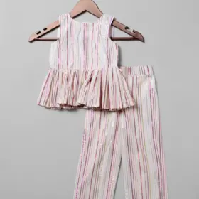 Front View of Peplum Top with Matching Pants Ivory Cotton Peplum Set, Suitable for : Family Gatherings
