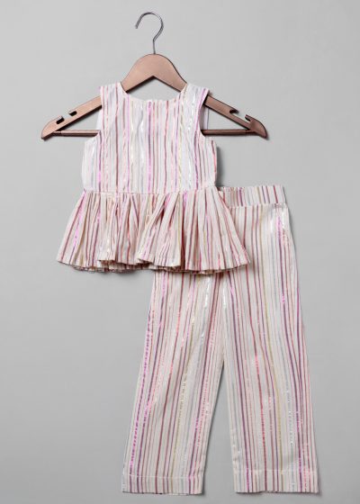 Front View of Peplum Top with Matching Pants Ivory Cotton Peplum Set, Suitable for : Family Gatherings