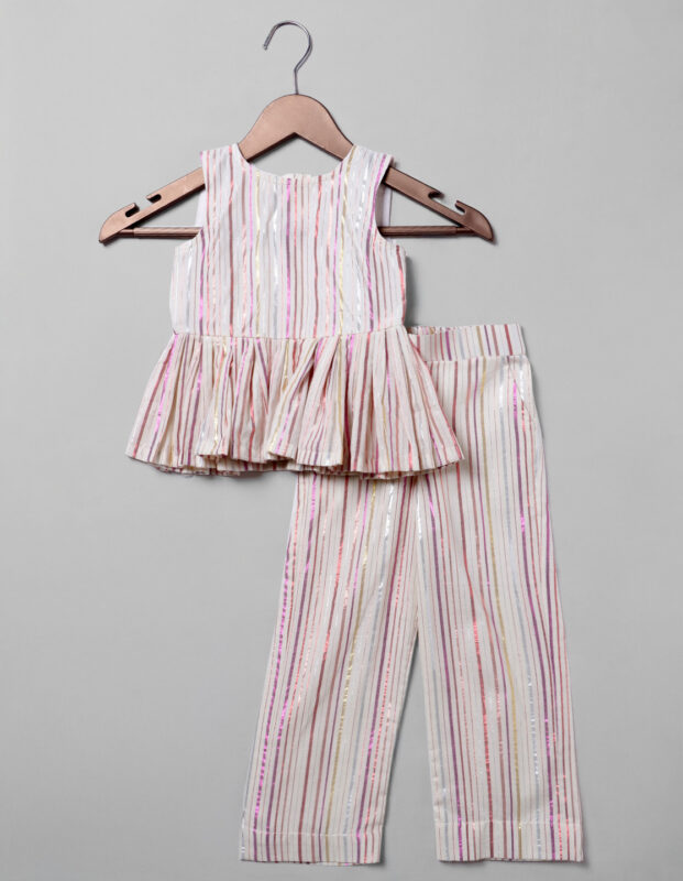 Front View of Peplum Top with Matching Pants Ivory Cotton Peplum Set, Suitable for : Family Gatherings