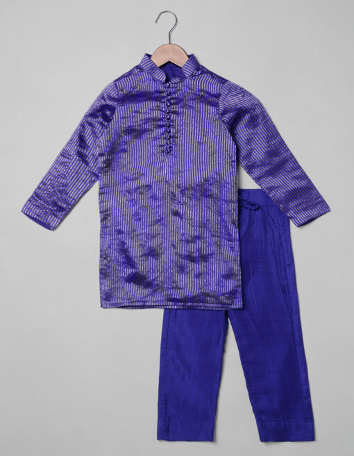Front view of the outfit Purple Silk Boys Sherwani with Purple Pant, Suitable for : Family Gatherings