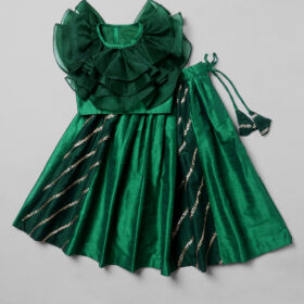 Bottle Green Girls Lehenga Set with Frilled Silk Top
