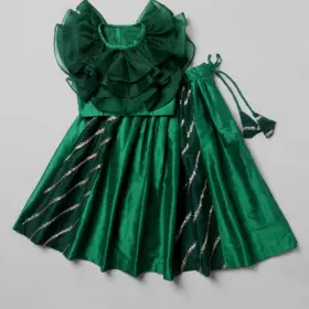 Bottle Green Girls Lehenga Set with Frilled Silk Top