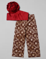Maroon One Shoulder Silk Top paired with Olive Banarasi Silk Trousers
