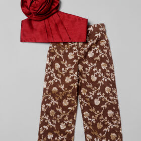 Maroon One Shoulder Silk Top paired with Olive Banarasi Silk Trousers