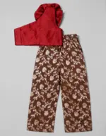 Maroon One Shoulder Silk Top paired with Olive Banarasi Silk Trousers - Image 4