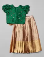 Green Embroidered Silk Pattu Pavadai Set - Image 4