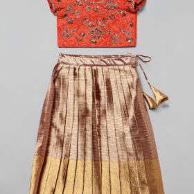 Orange Embroidered Pattu Pavadai Set