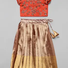 Orange Embroidered Pattu Pavadai Set
