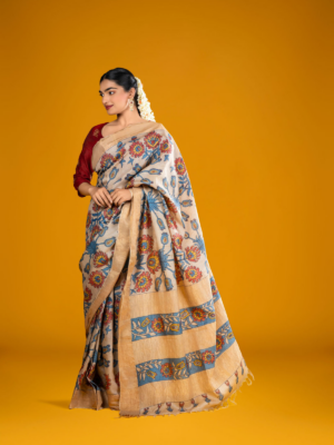 Ivory Handpainted Pen Kalamkari Tussar Silk Saree