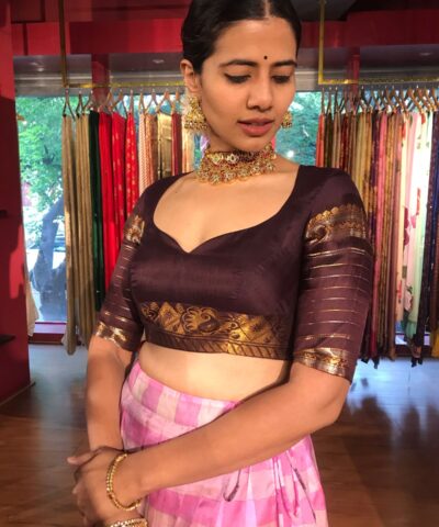 Pink Chequered Venkatagiri Pure Silk Lehenga Set