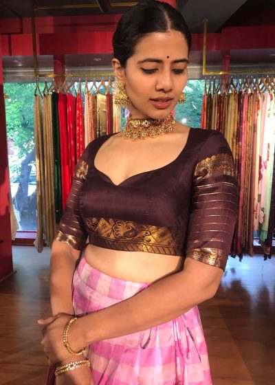 Pink Chequered Venkatagiri Pure Silk Lehenga Set