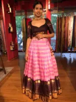 Pink Chequered Venkatagiri Pure Silk Lehenga Set - Image 2