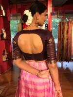 Pink Chequered Venkatagiri Pure Silk Lehenga Set - Image 5