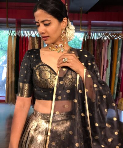 Grey Banarasi Silk Lehenga Set of  3