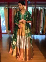 Green Embroidered Silk Lehenga Set of 3 - Image 5