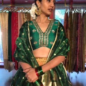 Green Embroidered Silk Lehenga Set of 3