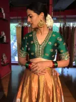 Green Emboidered Silk Lehenga Set of 2 - Image 4