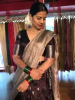Brown Pure Venkatagiri Silk Lehenga Set of 3