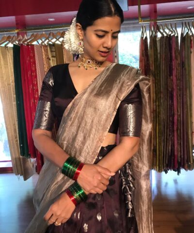 Brown Pure Venkatagiri Silk Lehenga Set of 3