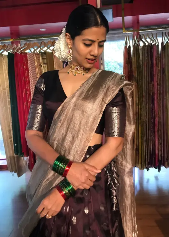 Brown Pure Venkatagiri Silk Lehenga Set of 3