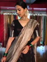 Brown Pure Venkatagiri Silk Lehenga Set of 3 - Image 3