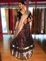 Brown Pure Venkatagiri Silk Lehenga Set of 3 - Image 2
