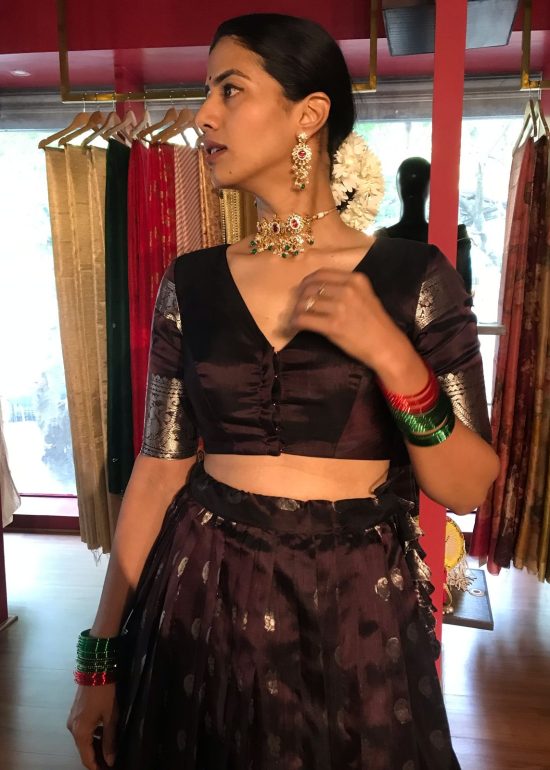 Brown Pure Venkatagiri Silk Lehenga Set of 2
