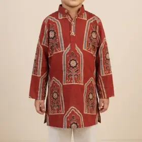 Madder Red Ajrakh Cotton Boys Kurta Set