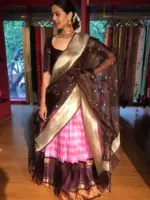Pink Chequered Venkatagiri Pure Silk Lehenga Set of 3 - Image 5