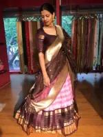 Pink Chequered Venkatagiri Pure Silk Lehenga Set of 3 - Image 4