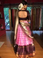 Pink Chequered Venkatagiri Pure Silk Lehenga Set of 3 - Image 3