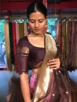Pink Chequered Venkatagiri Pure Silk Lehenga Set of 3
