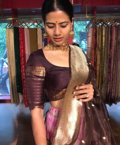 Pink Chequered Venkatagiri Pure Silk Lehenga Set of 3