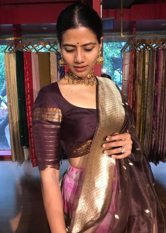 Pink Chequered Venkatagiri Pure Silk Lehenga Set of 3