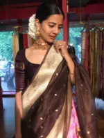 Coffee Brown Organza Dupatta with Gold Zari Buttis