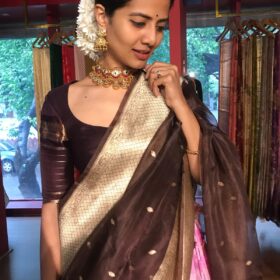 Coffee Brown Organza Dupatta with Gold Zari Buttis