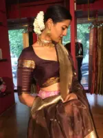 Pink Chequered Venkatagiri Pure Silk Lehenga Set of 3 - Image 7
