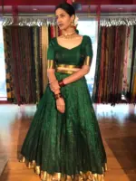 Bottle Green Silk Chequered Lehenga Set - Image 2