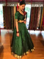 Bottle Green Silk Chequered Lehenga Set - Image 4