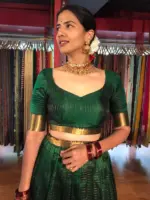 Bottle Green Silk Chequered Lehenga Set - Image 3