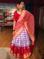 Lilac Chequered Venkatagiri Silk Lehenga Set Of 3 - Image 2