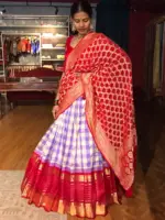 Lilac Chequered Venkatagiri Silk Lehenga Set Of 3 - Image 5