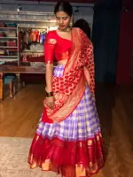 Lilac Chequered Venkatagiri Silk Lehenga Set Of 3 - Image 3