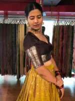 Mustard Venkatagiri Silk Chequered Lehenga Set - Image 6