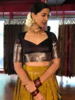 Mustard Venkatagiri Silk Chequered Lehenga Set