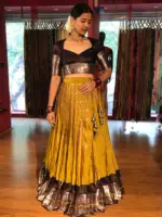 Mustard Venkatagiri Silk Chequered Lehenga Set - Image 2
