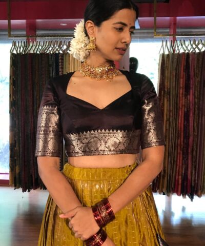 Mustard Venkatagiri Silk Chequered Lehenga Set