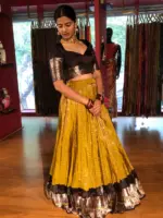 Mustard Venkatagiri Silk Chequered Lehenga Set - Image 3