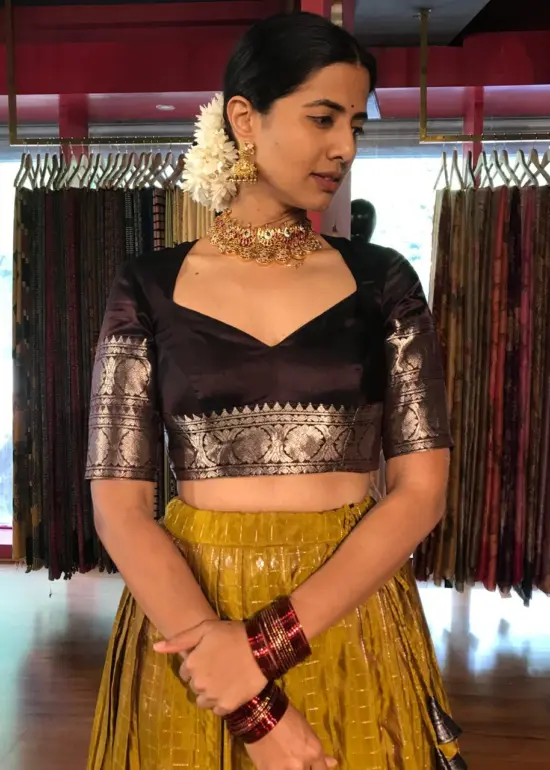 Mustard Venkatagiri Silk Chequered Lehenga Set