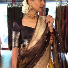 Mustard Venkatagiri Silk Chequered Lehenga Set of 3